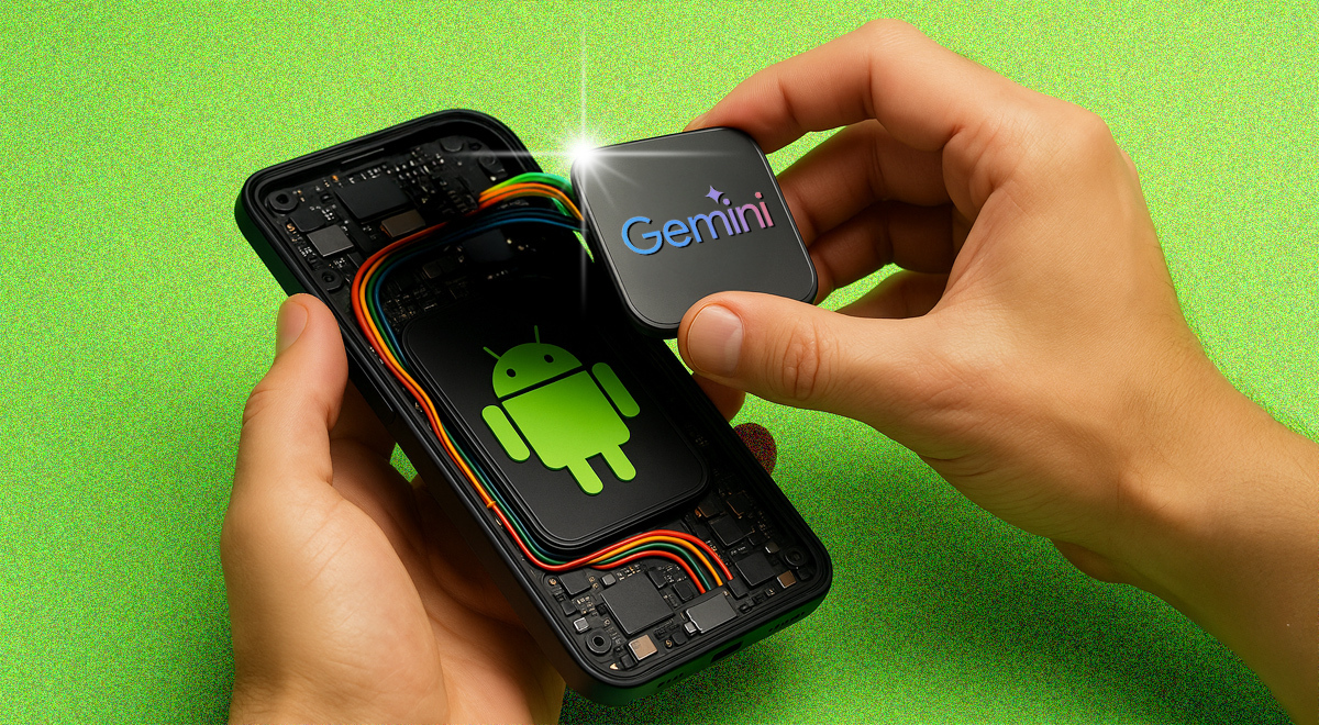 Google Gemini's logo literally being inserted into a smartphone.
