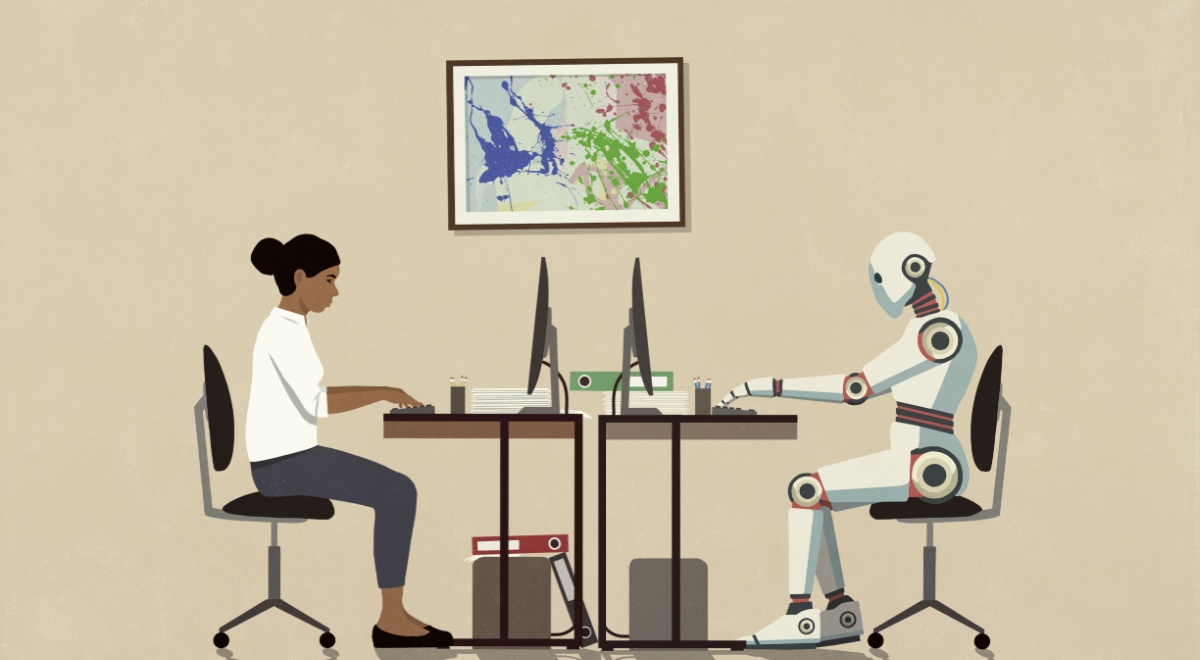 black woman behid a desk on left, robot behing a desk on right