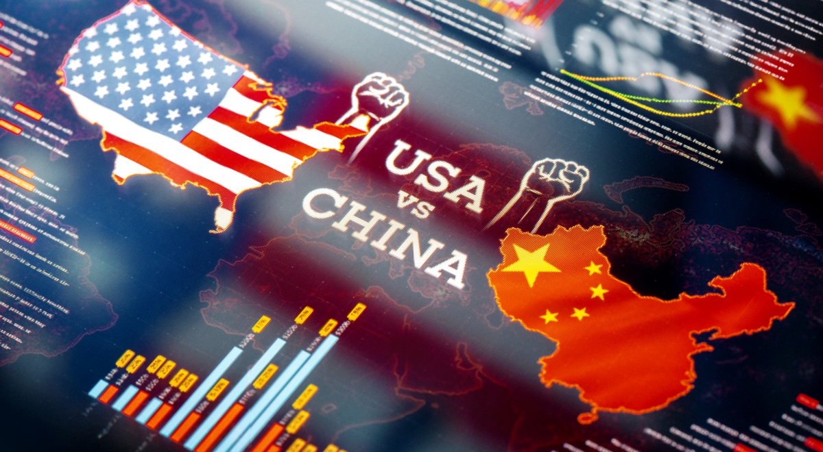 chinas map against usa map with fists up