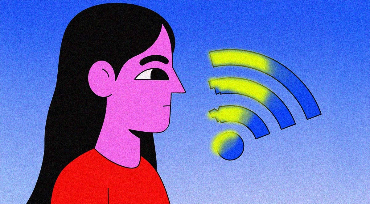 woman in red shirt and black hair looks at wifi signal that is disrupted