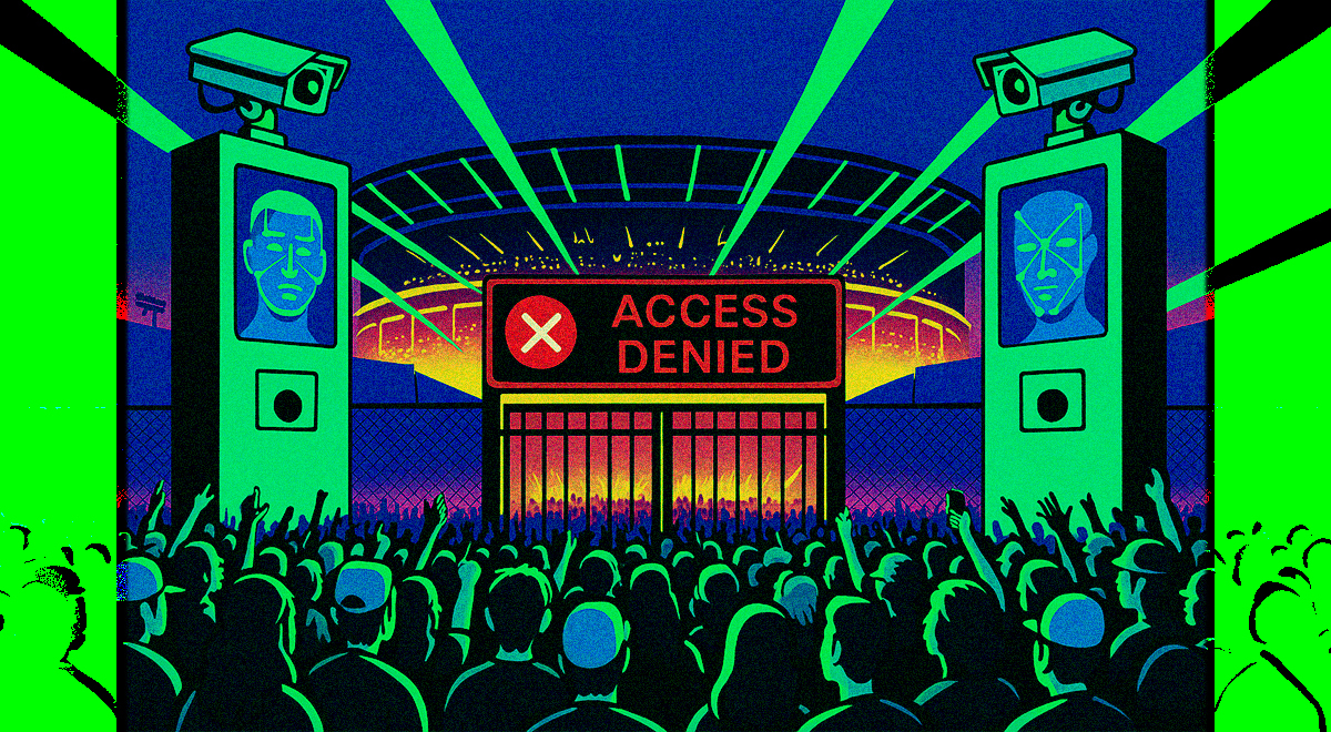 A futuristic gig with facial recognition equipment outside with big "access denied" signs.