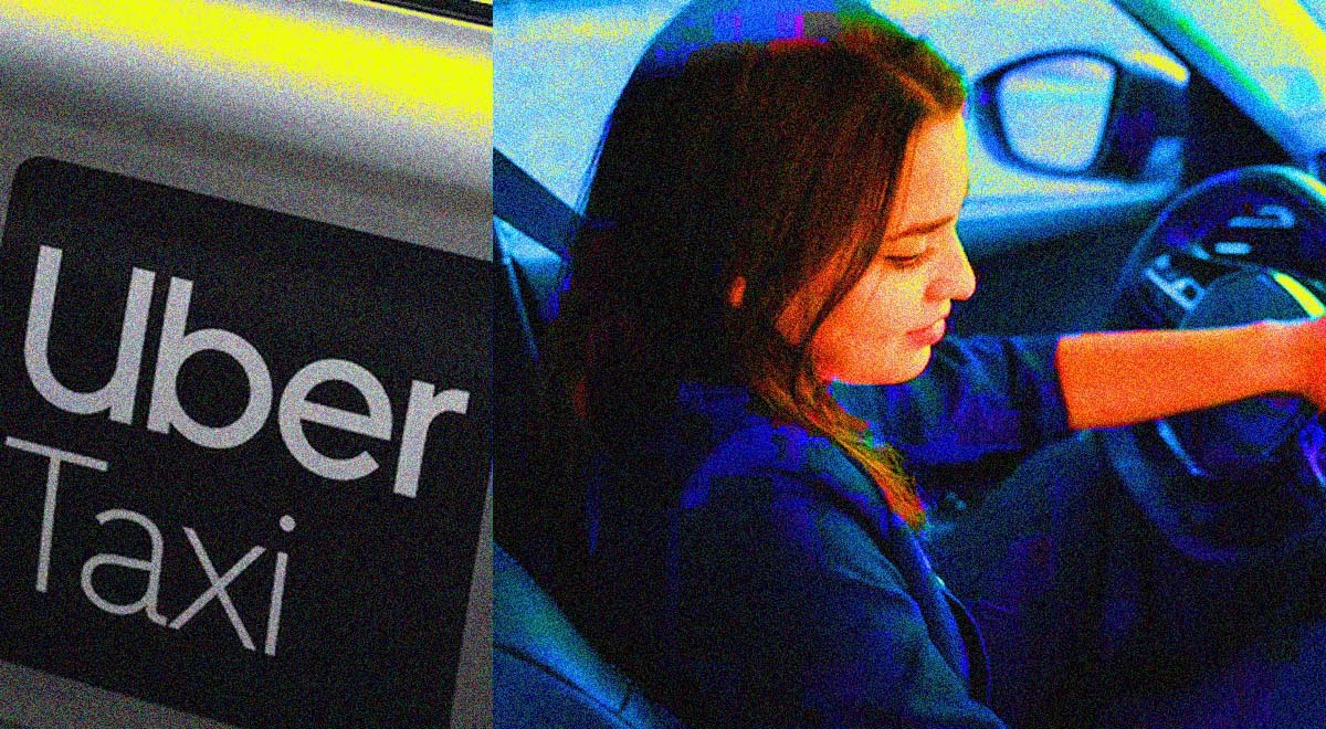 brunette in blue driving a car, Uber Taxi logo