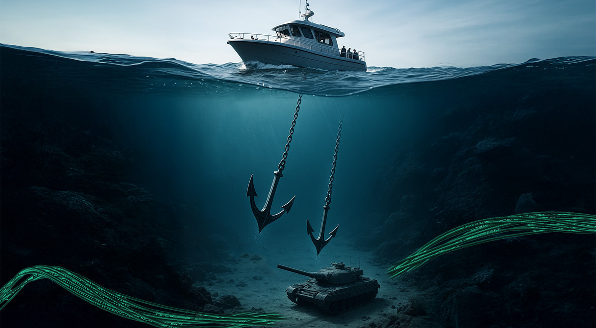 ship, two dark grey anchors, tank in the bottom, green cables