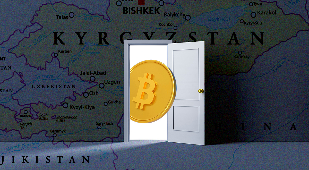 kyrgyzstan blue and green map, grey open door, bitcoin, white light
