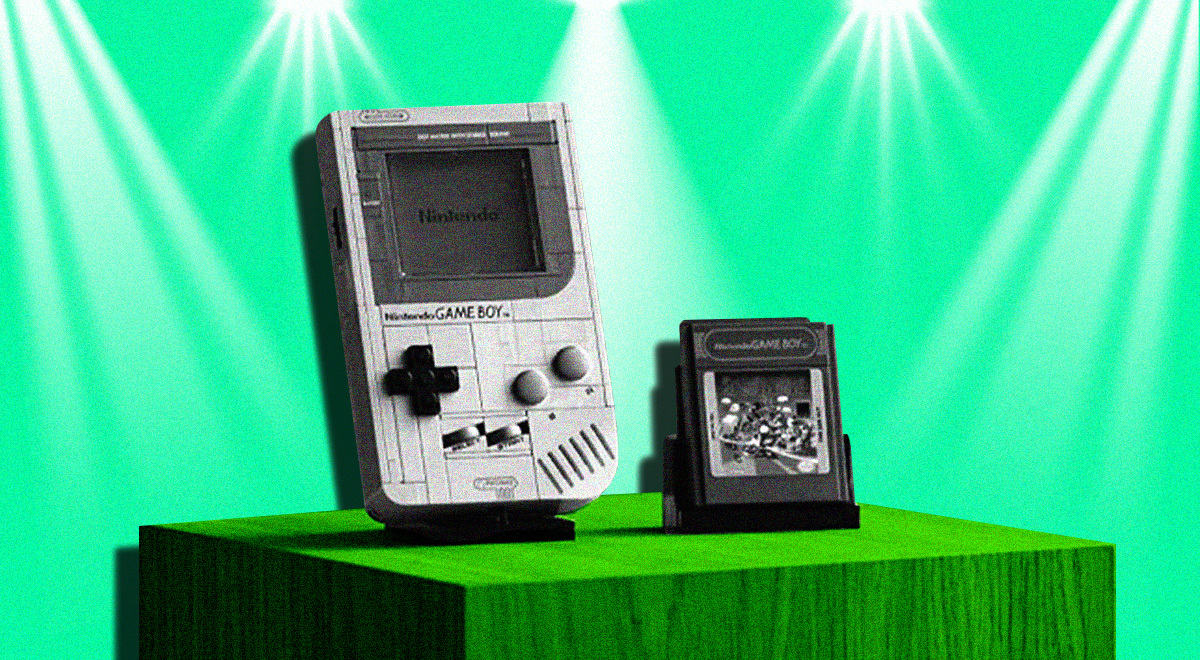 old nintendo game boy in black and white, green background