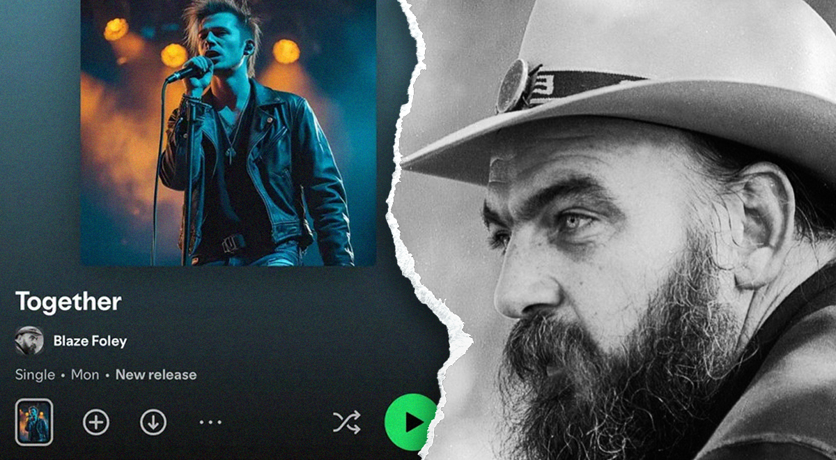 A graphic of Blaze Foley in an AI version of him and an original black and white on the right.