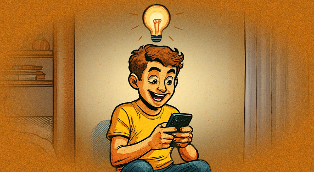 Animated teenager smiling at a mobile phone; good idea