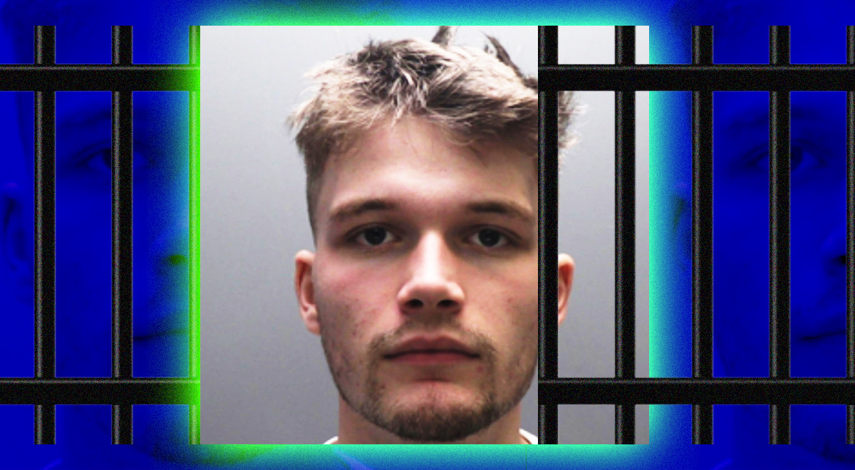 young blond man in grey-ish picture with jail bars around him