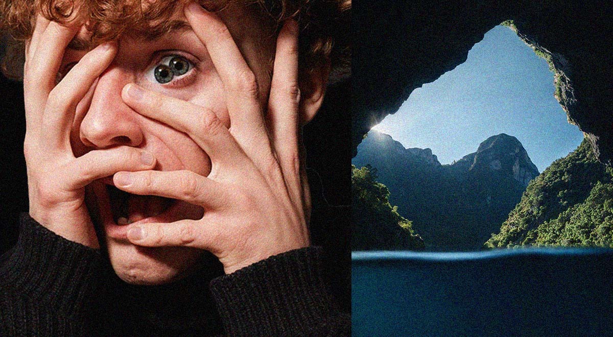 curley ginger hair, two pupils in one eye, lace, cave, blue sky, open mouth
