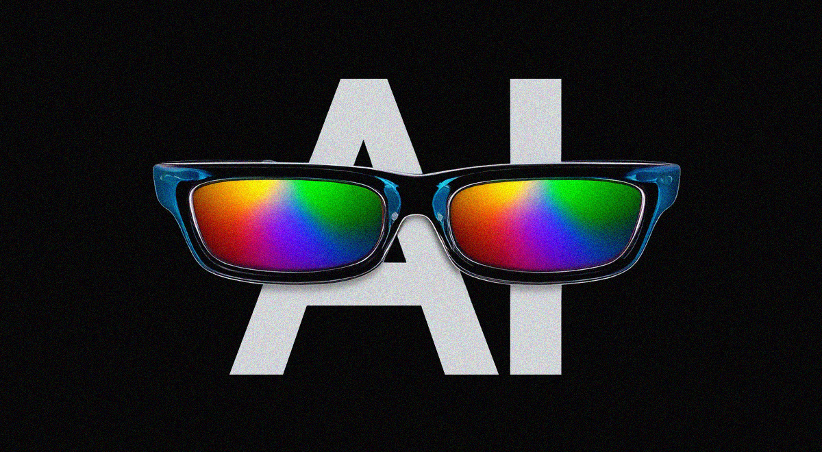 white AI letters, rainbow mirror glasses in front, black frame