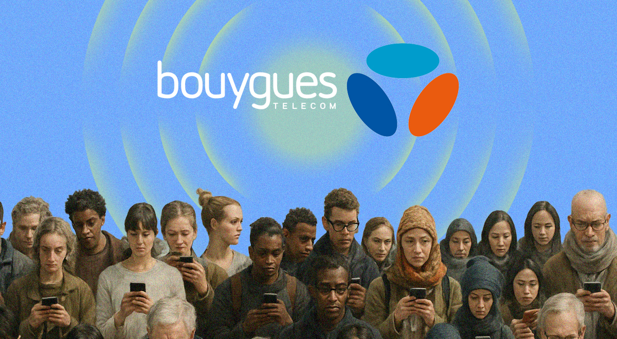 bouygues logo, sunshine yellow rays, people holding phones, baby blue sky
