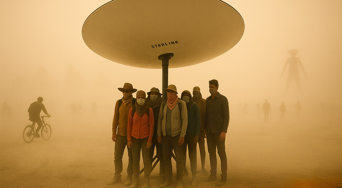 Festival goers standing underneath a starlink satellite, as protection from a dust storm.