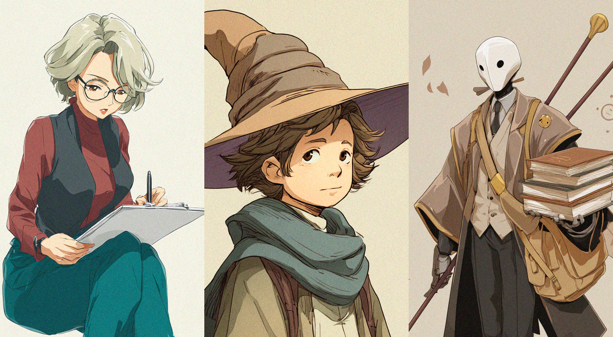 Anime style of various chatbots including a workaholic girlfriend, young wizard and librarian.