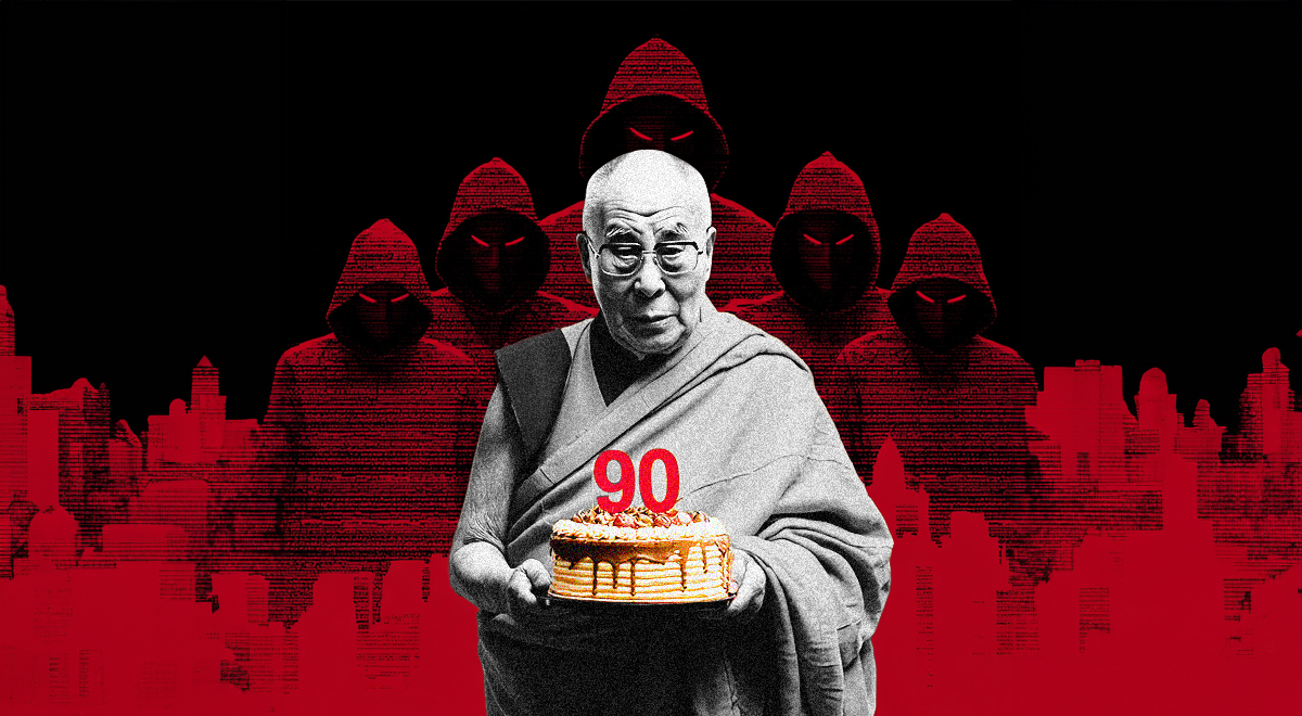 old bold man in black and white, birthday cake, 90 red candles, five hooded man behind
