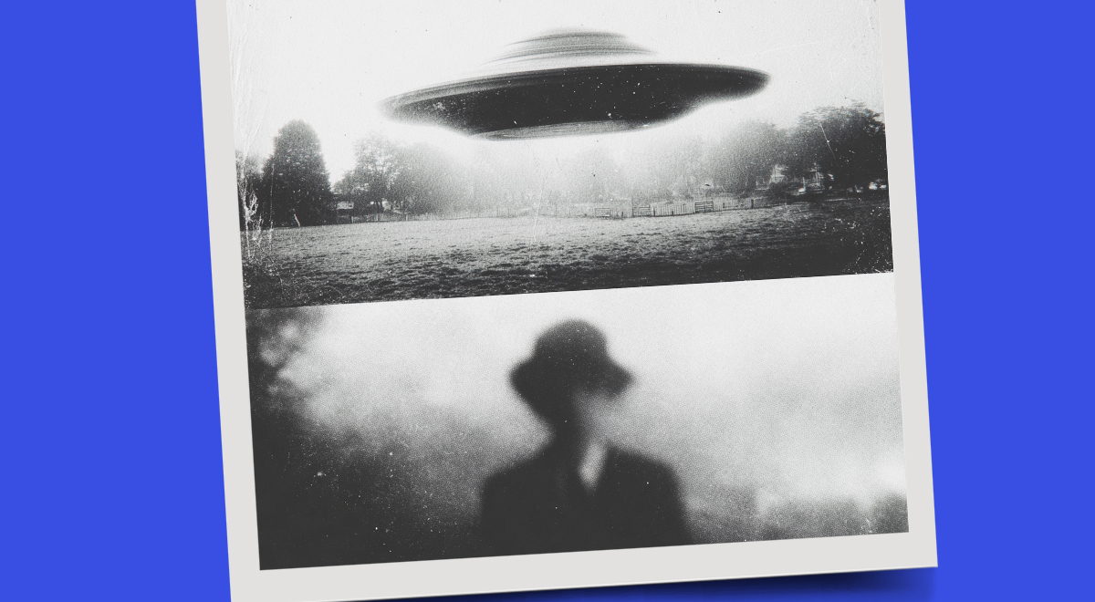 A split screen polaroid showing a flying saucer and a blurred schoolchild wearing a hat.