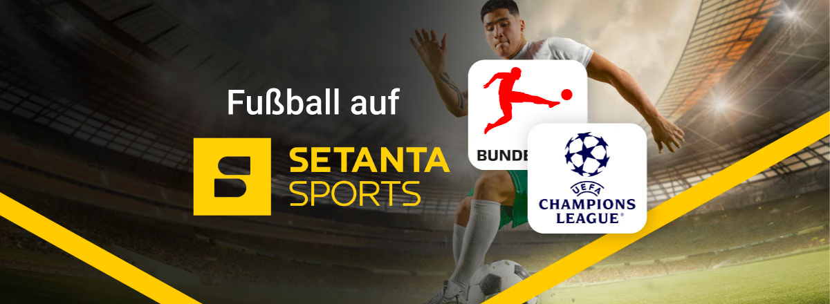 Logo von Setanta Sports, Bundesliga und Champions League mit Fußballspieler im Hintergrund