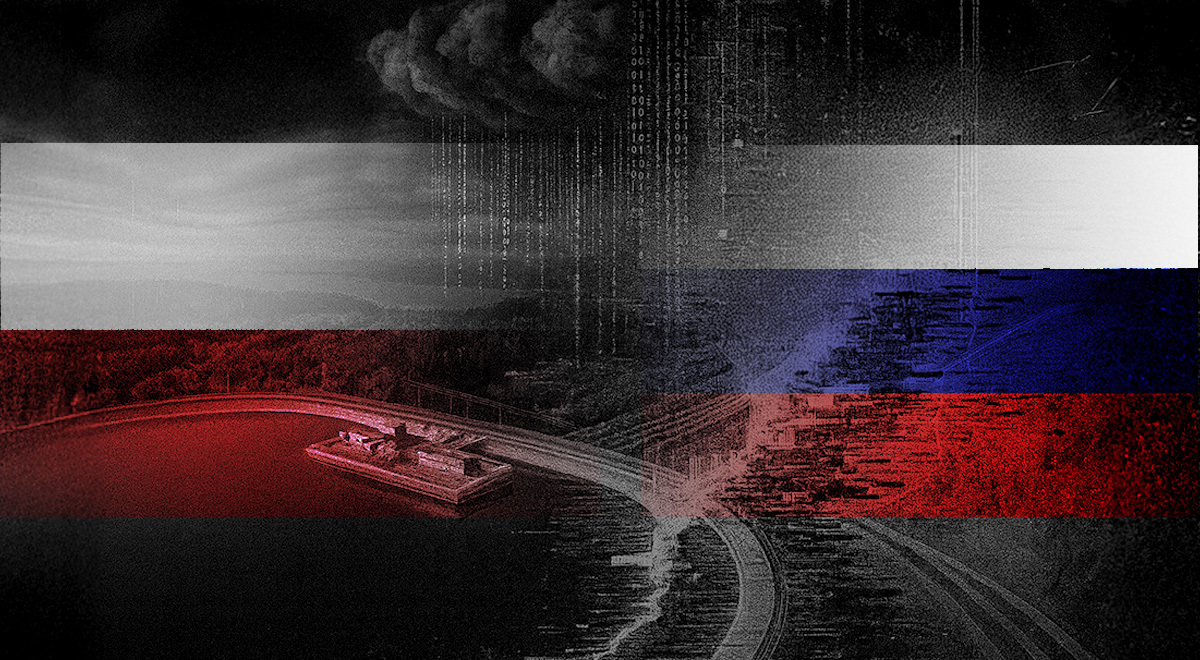 hydropowerplant, russian nad polish flags, white numbers, smoky background, black clounds
