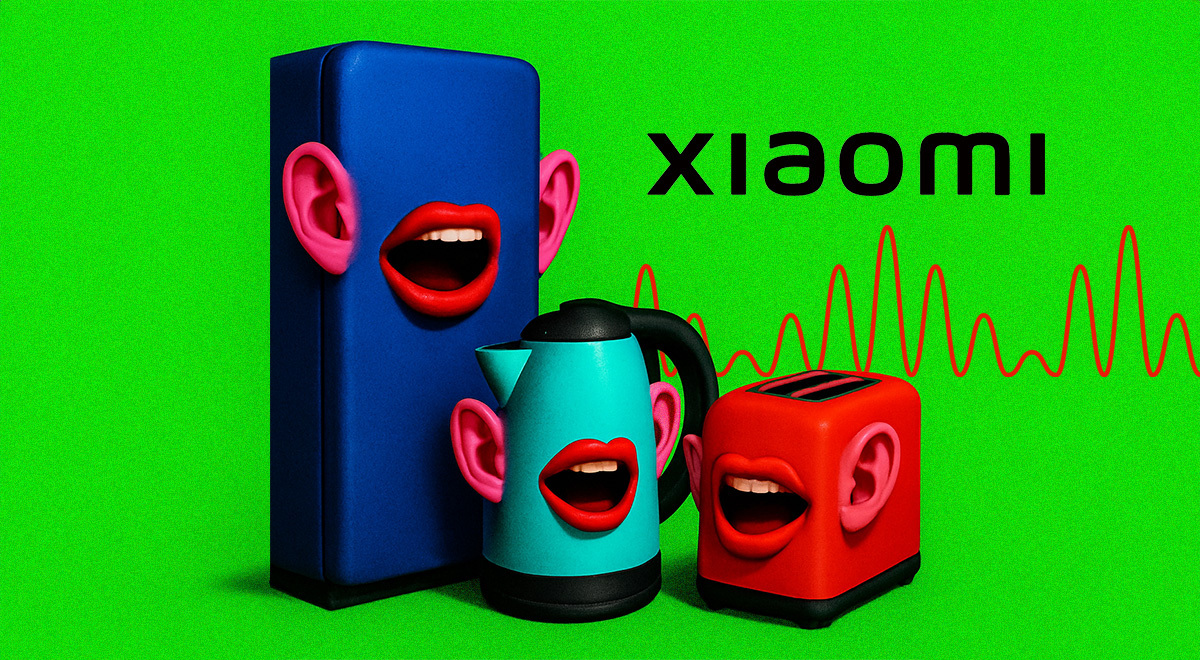 dark blue fridge, baby blue kettle, red toaster - all with ears and lips, voice wave, xiaomi