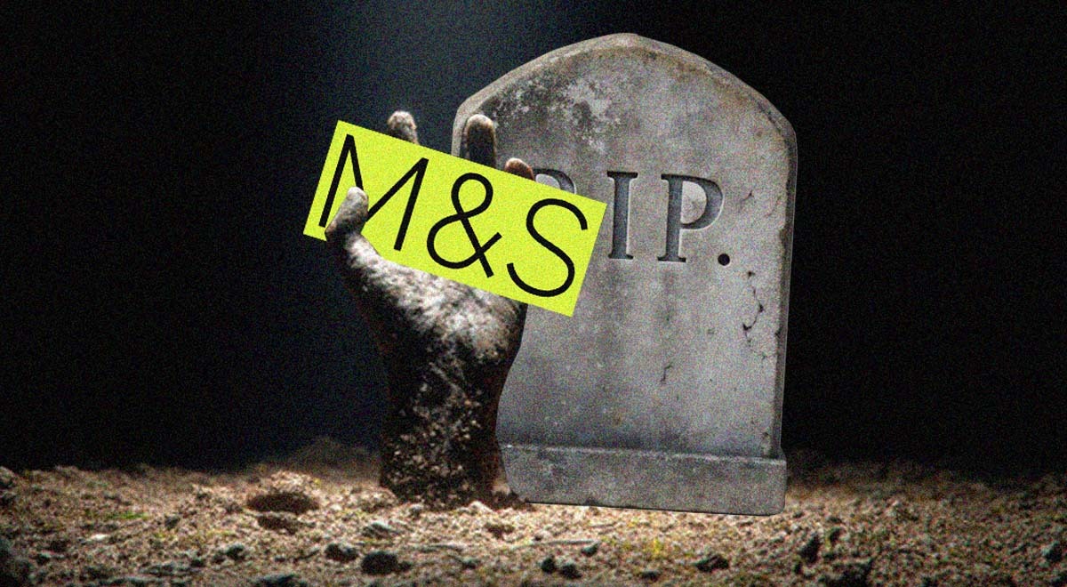 m&S in black letters, yellow background, tombstone, R.I.P, sandy hand, gravel