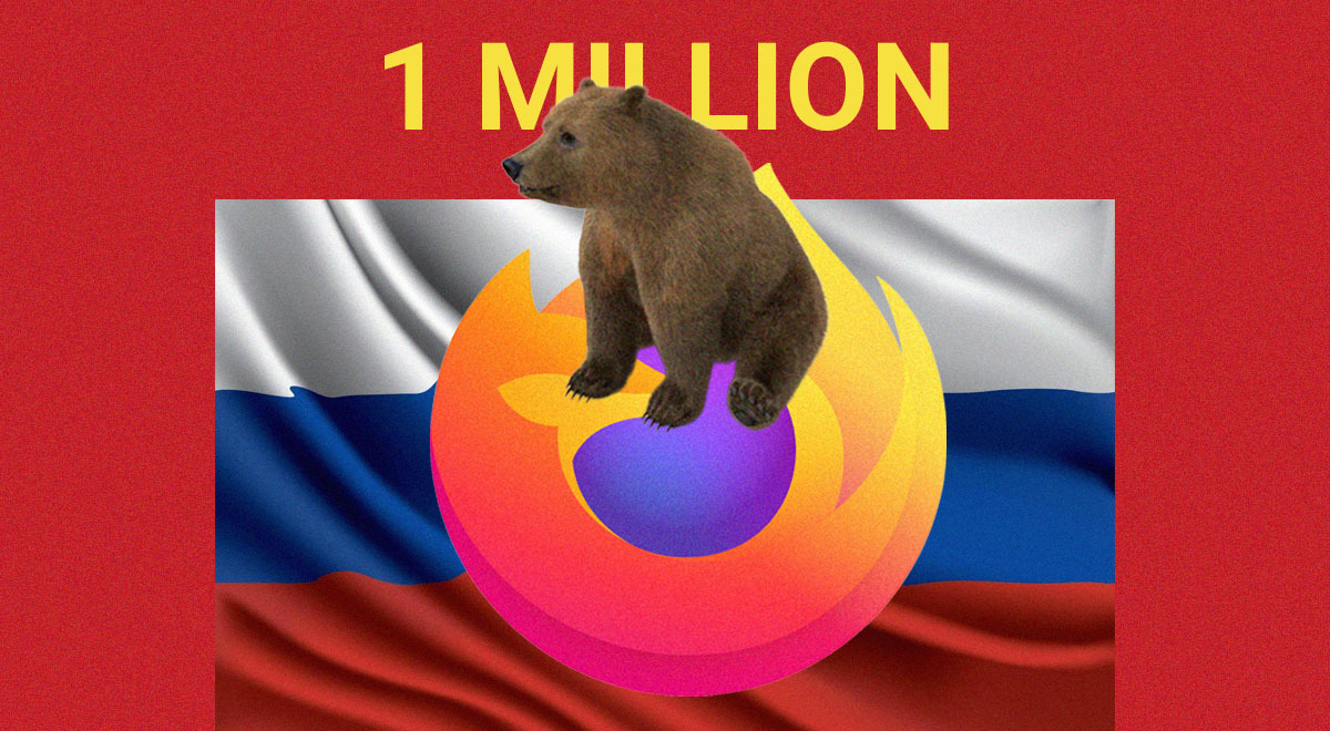 brown bear sits on a blue ball, orange fox, russian flag, red background, yellow letters