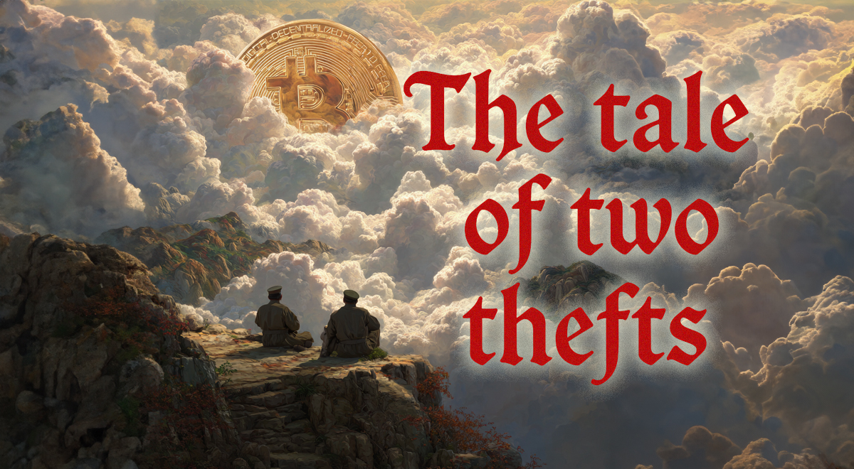 two men sitting on a cliff, surrounded by clouds, bitcoin as Sun, The tale of two thefts