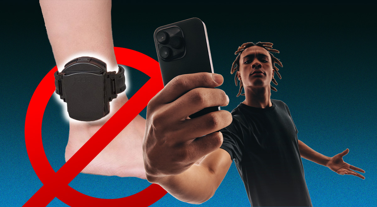 A suspect taking a selfie and a banned sign over an ankle monitor.