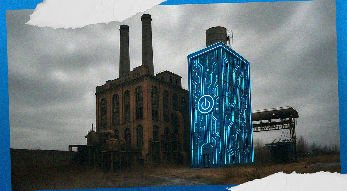 brown power plant, two chimney, grey sky, blue and white chip-like data centre with on button