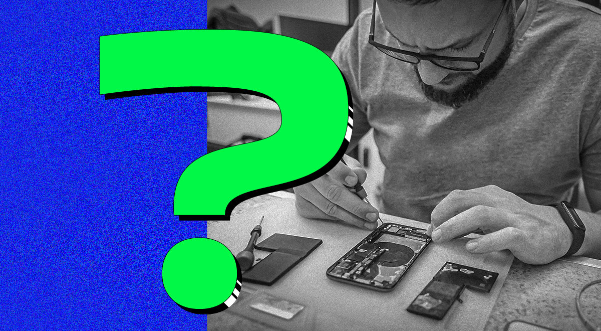 Phone repair shop with a question mark