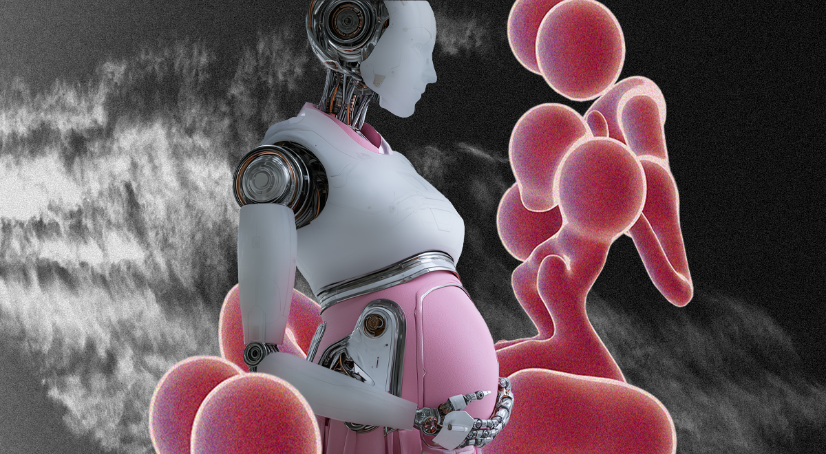 A pregnant robot with a black and white xray background.