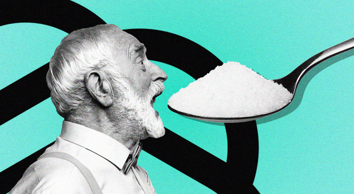 An elderly man trying to eat a huge out of proportion spoonful of salt.