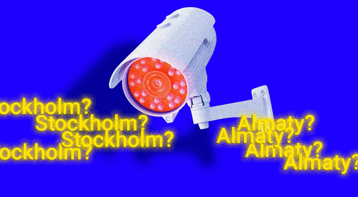 white surveillance camera, red glass, blue background, Stockholm, Almaty