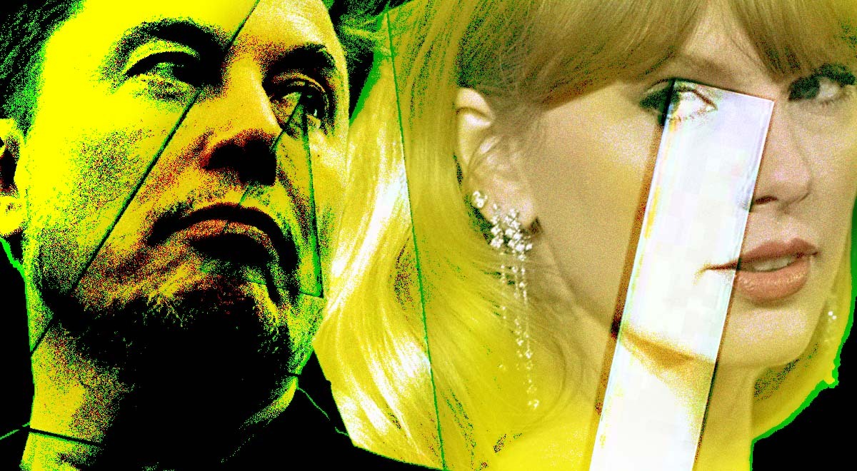 A split screen image of Elon Musk and Taylor Swift in golden color, with the letters "AI"