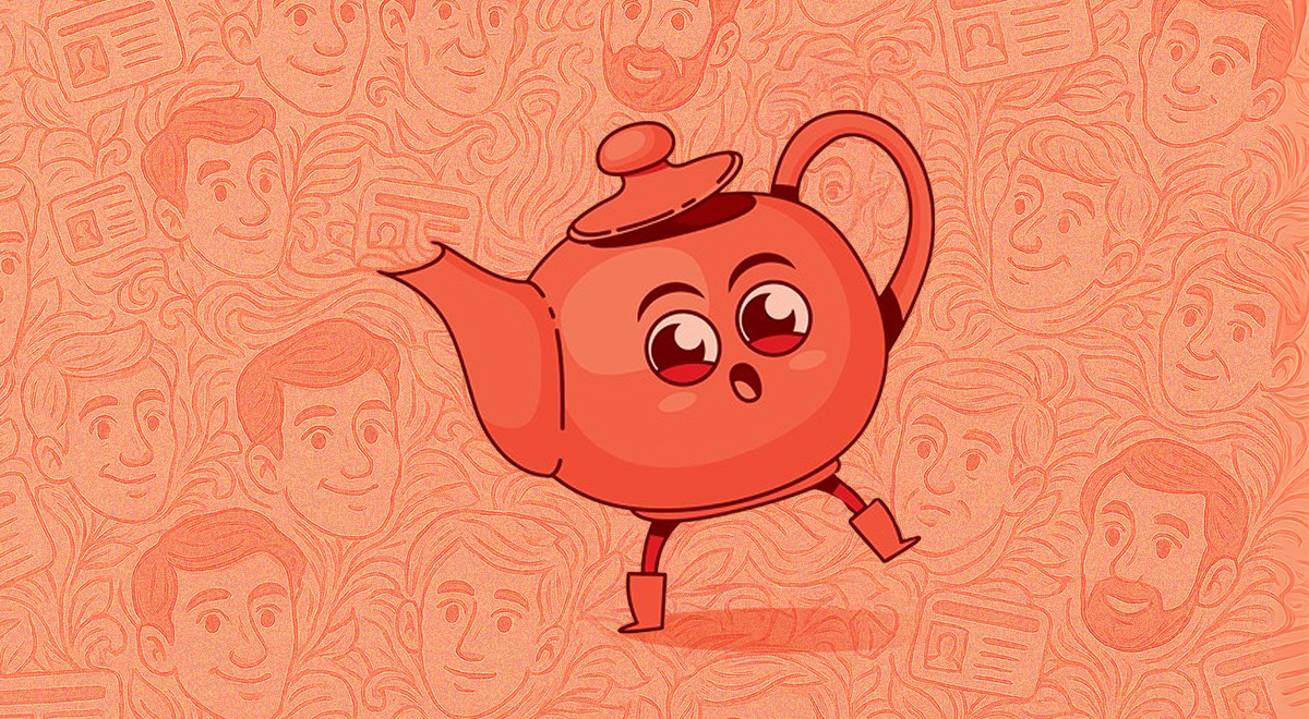 orangy pink teapot wearing orange shoes, with red eyes, men pictures and ID in the background