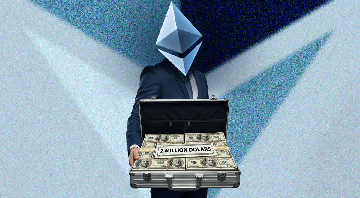 man with a suit 2 million dollars Ethereum logo