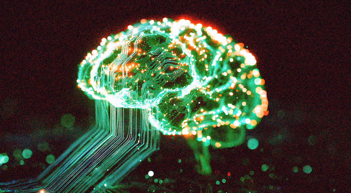 A glowing green and gold brain visual.