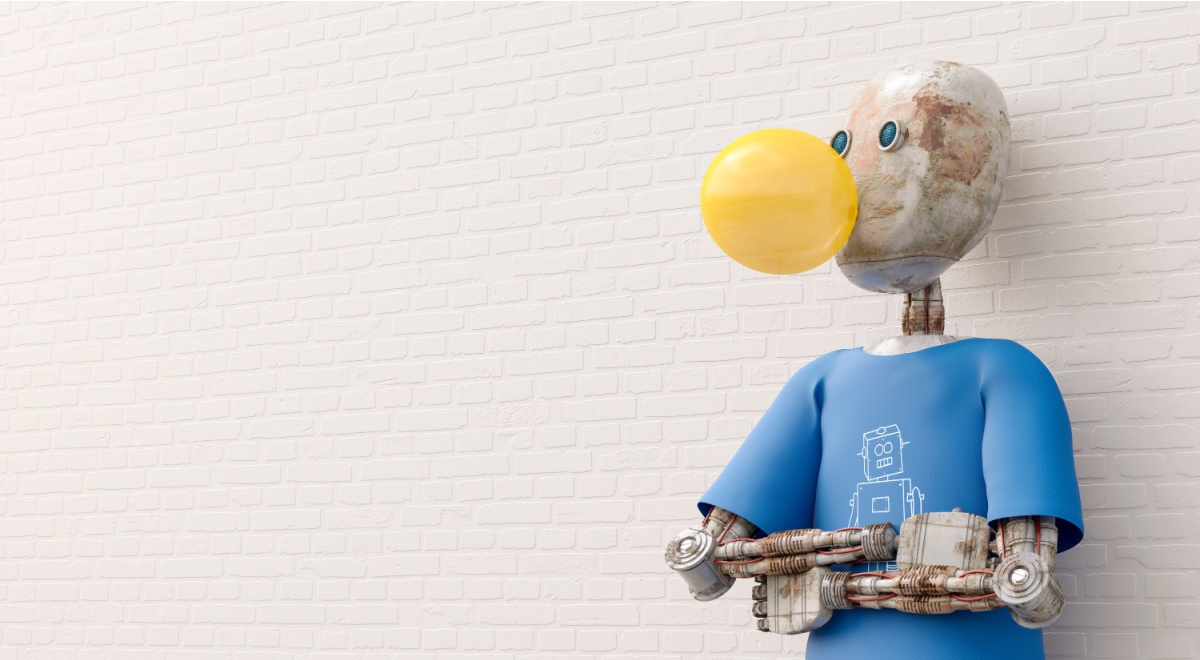white muddy ai bot, white brick wall, blue tshirt, yellow bubble