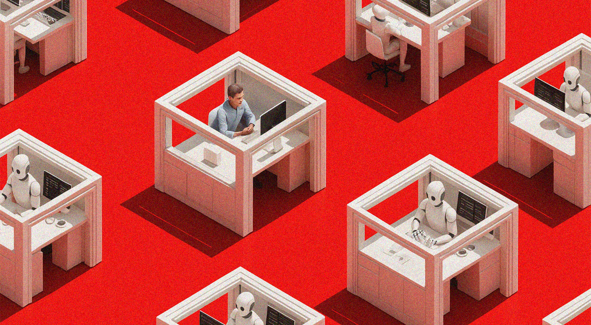 white office cubicles, white bots, one human is white shirt, red carpet