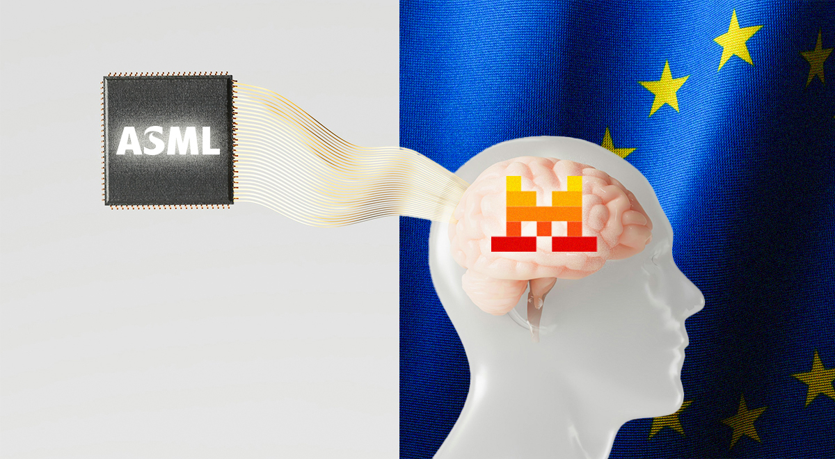 ASML semiconductor chip linked to Mistral AI with the EU flag in the backround