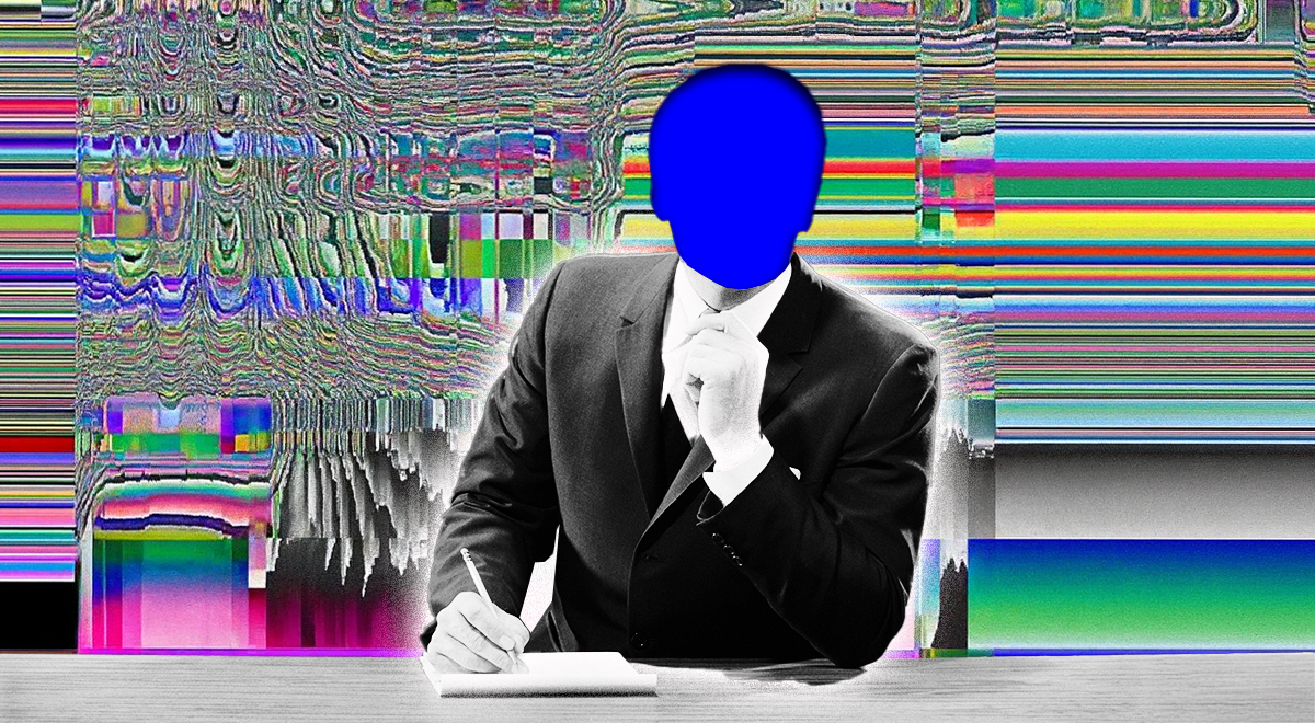 A psychedelic image of a human with blue bot face signing a constitution.