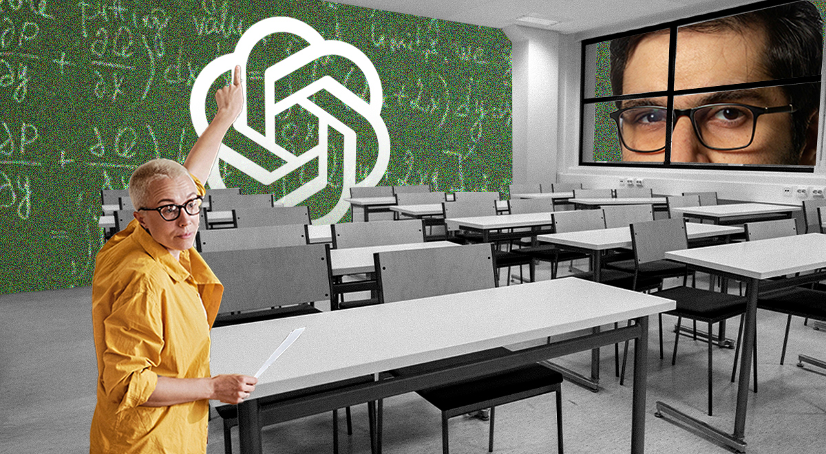 The OpenAI logo on a blackboard with a  professor teaching an empty class.