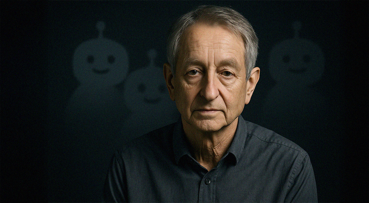 AI founder Geoffrey Hinton, with chatbot silhouettes in the background.