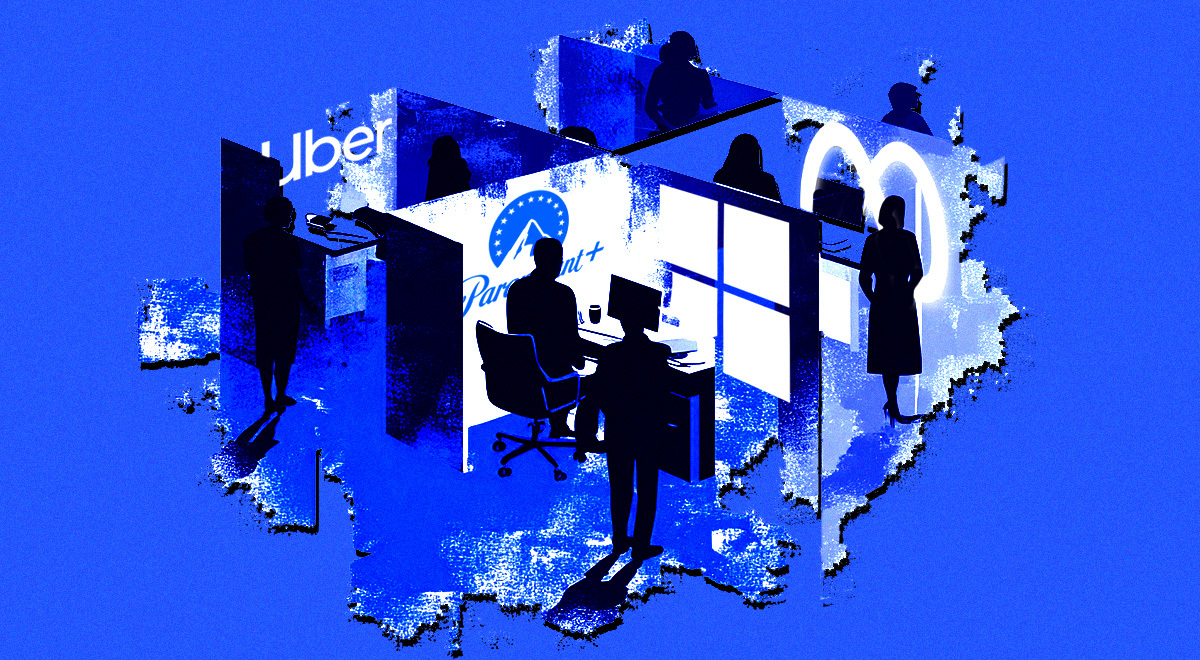 blue office cubicle with meta, uber, paramount logos