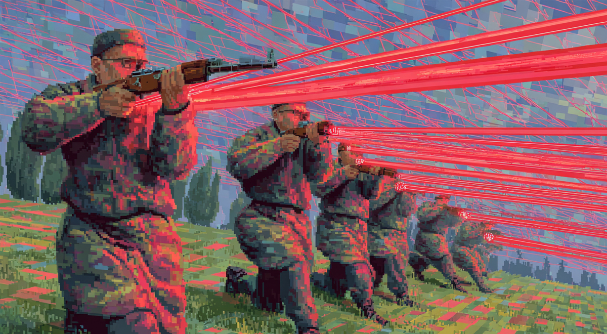 ground troops holding laser guns, red laser, shooting, pixel image
