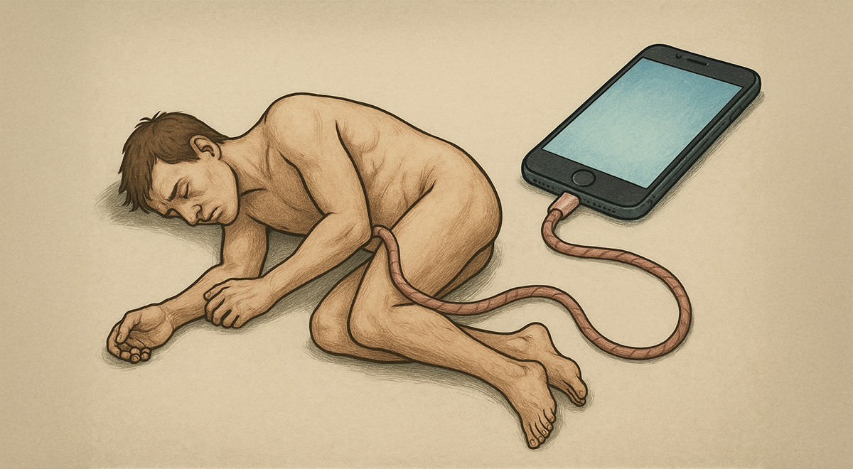 Human and smartphone connected via the umbilical cord
