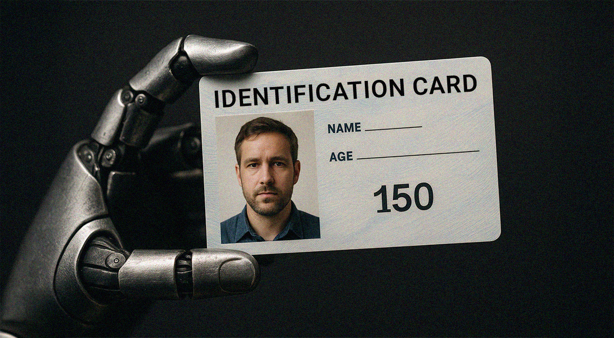 robot hand holding white ID card with 150 age, man blue shirt