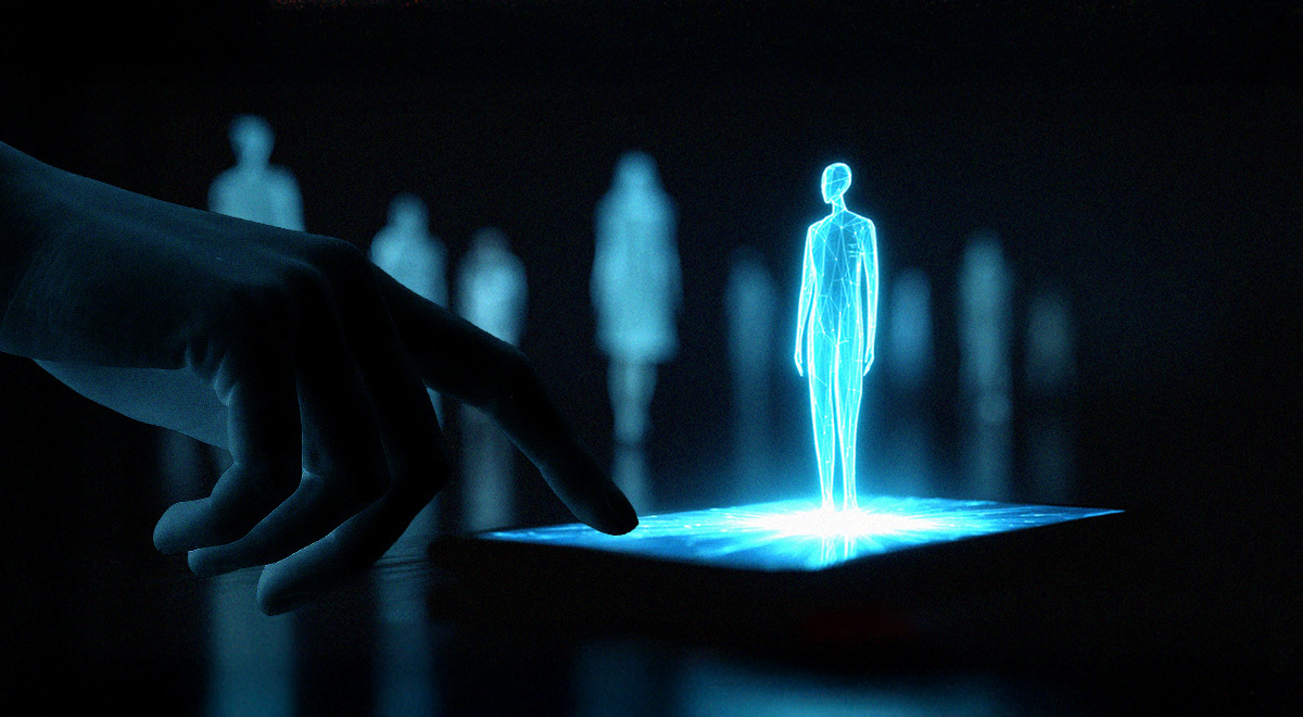 Human hand touching a robot hologram