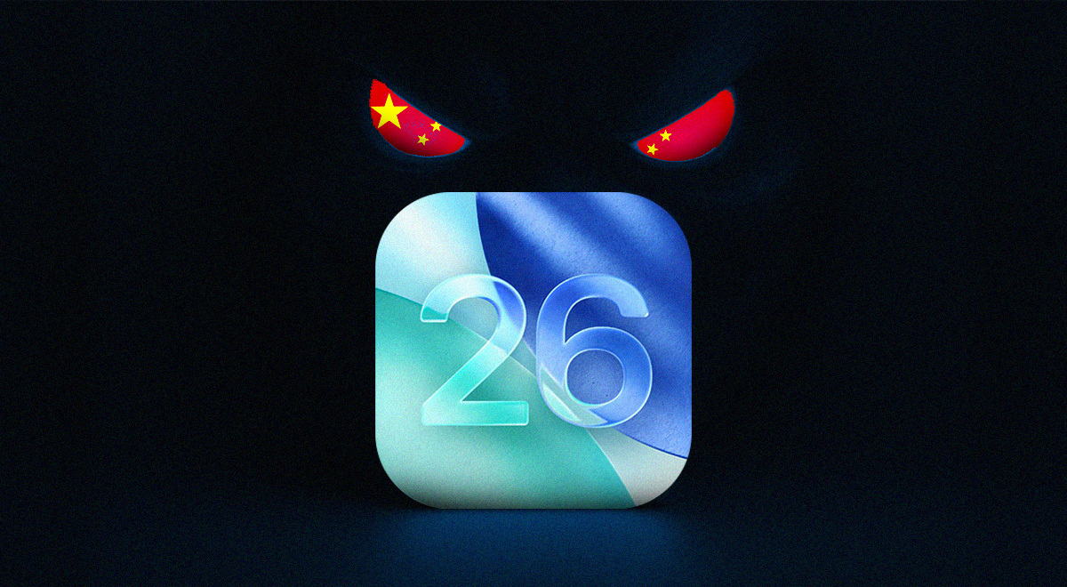 ios26 logo in green, grey and blue, circle with china flag cut in half