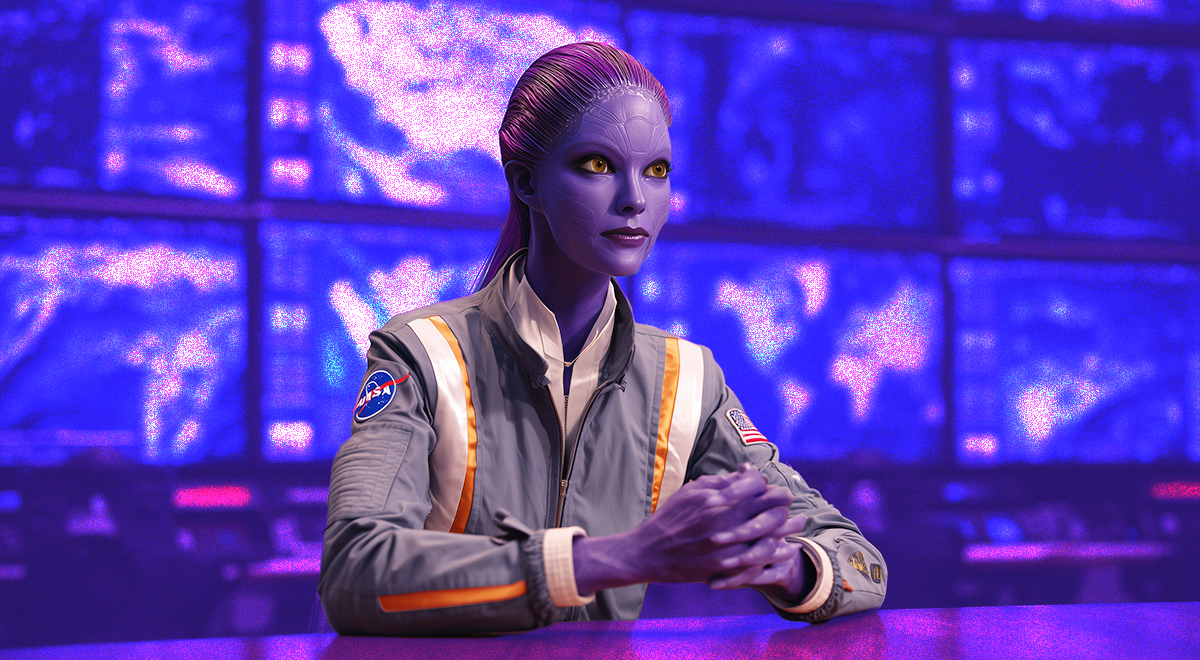 purple alien as news anchor in blue tv studio