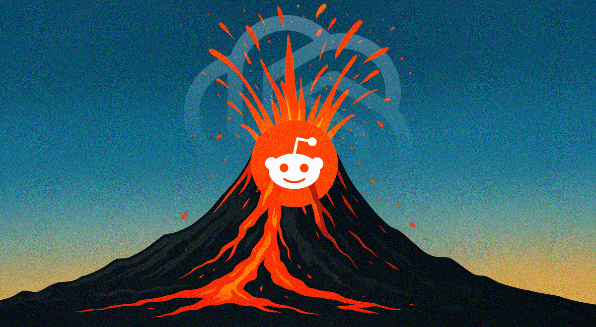 The Reddit logo on an erupting volcano, with the OpenAI logo in the background.