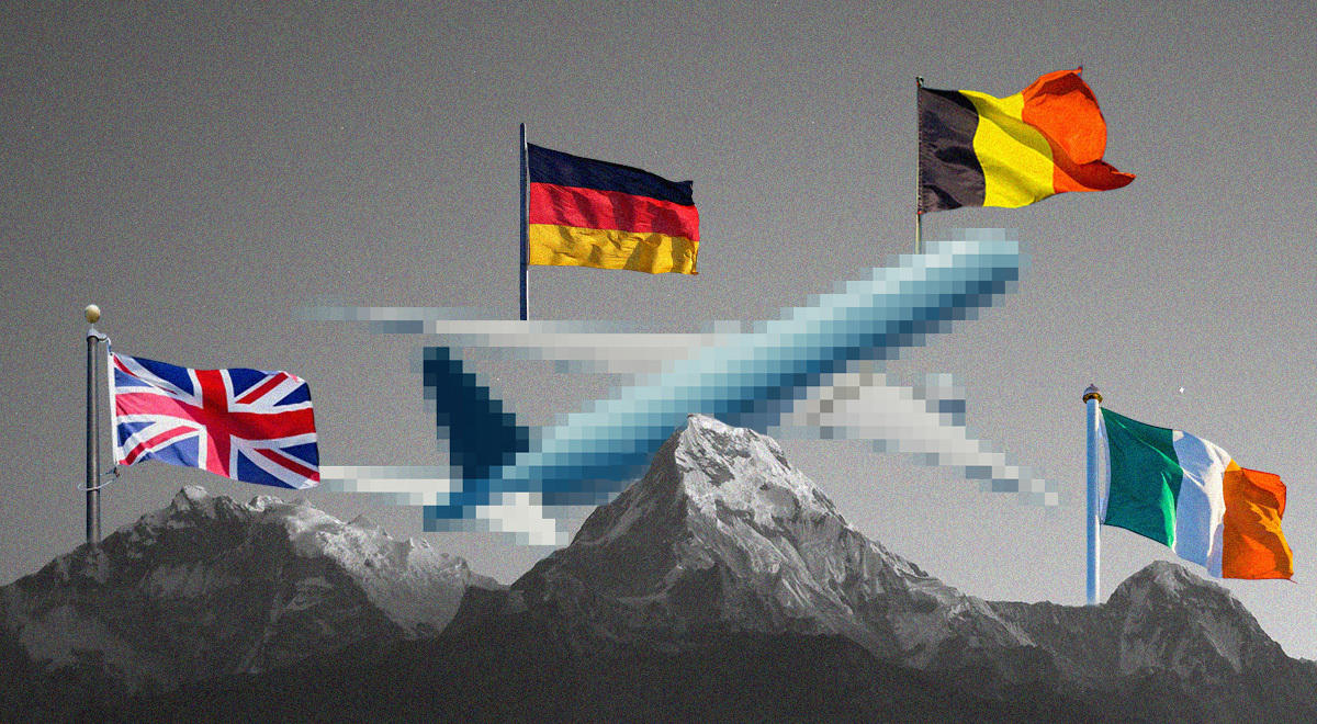 uk belgium germany ireland flags pixelated airplane